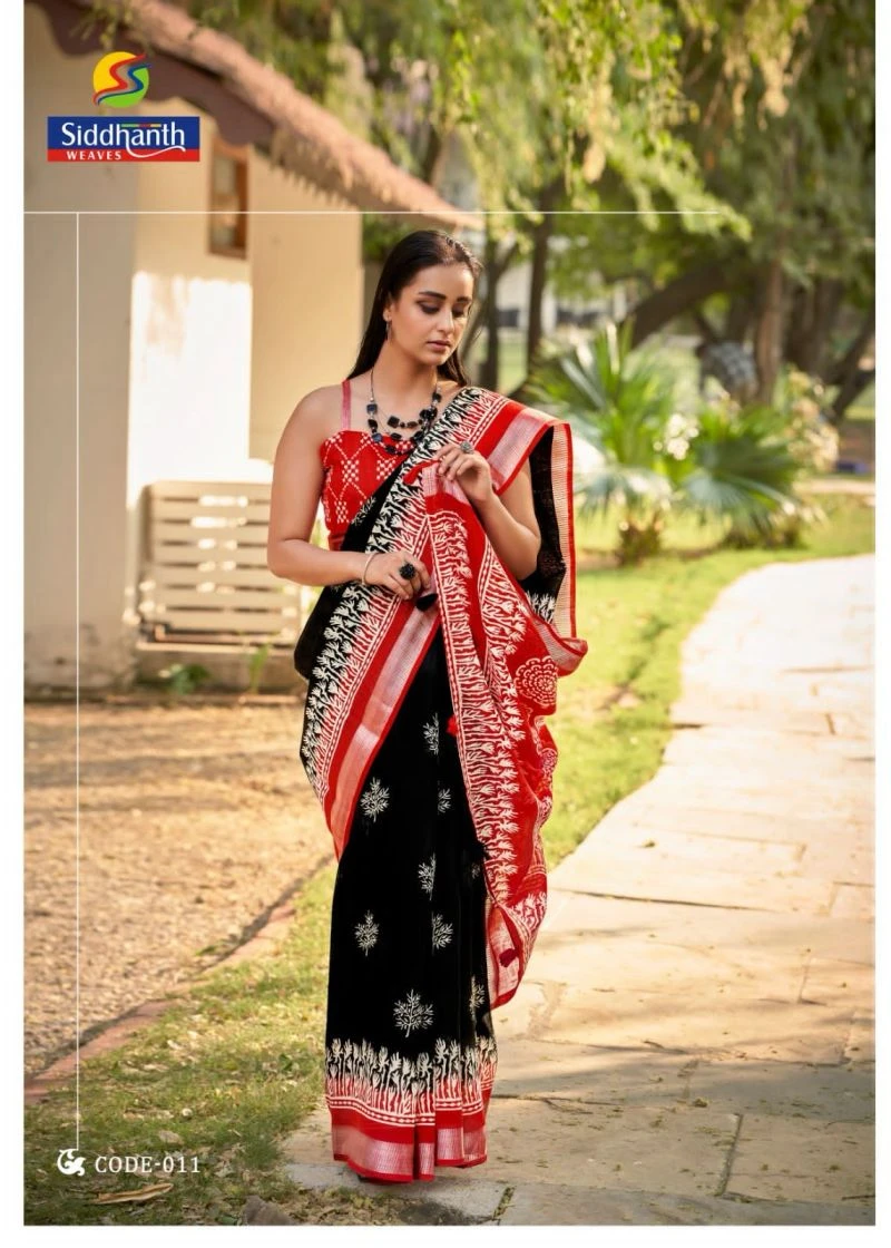 Siddharth Red And Black Linen Printed Saree Collection 11