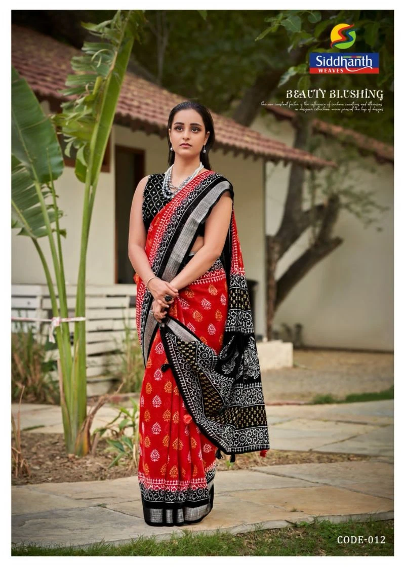 Siddharth Red And Black Linen Printed Saree Collection 12