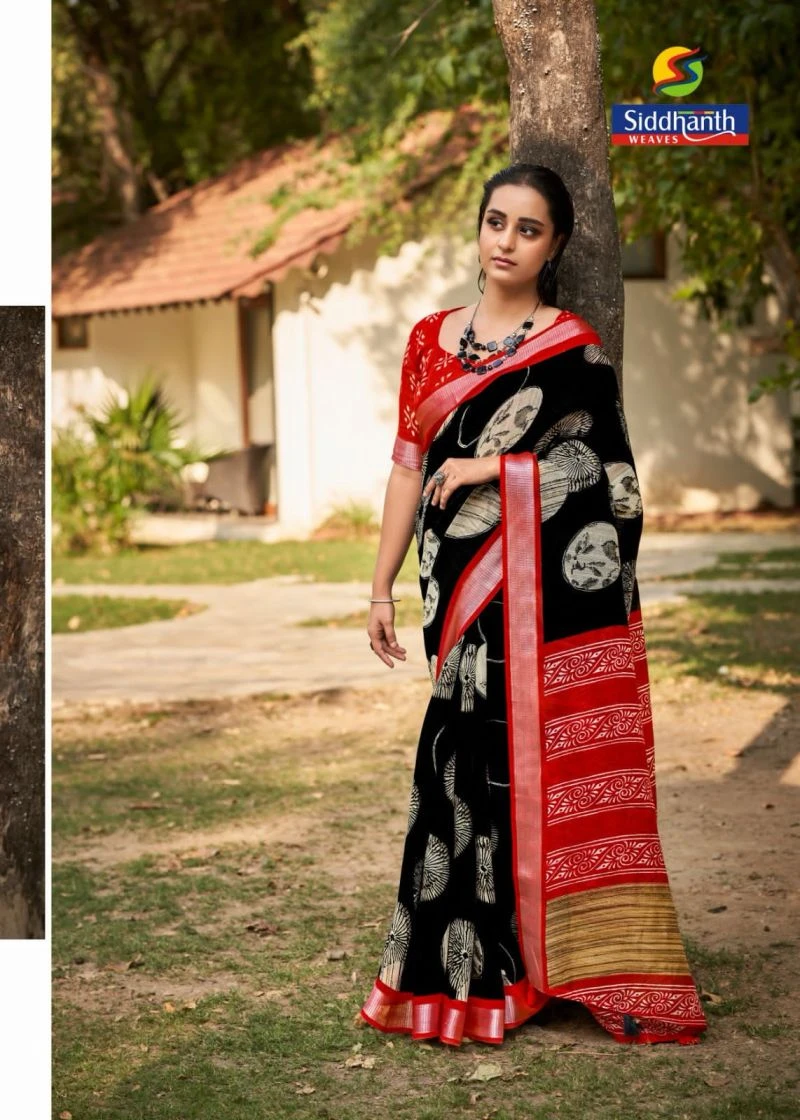 Siddharth Red And Black Linen Printed Saree Collection 2