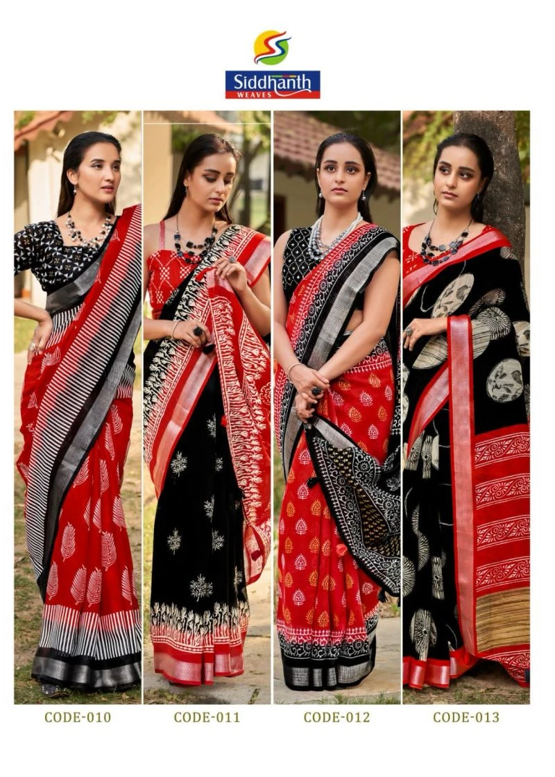 Siddharth Red And Black Linen Printed Saree Collection 4