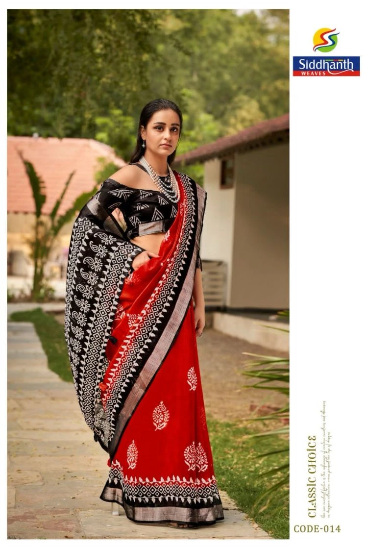 Siddharth Red And Black Linen Printed Saree Collection 5