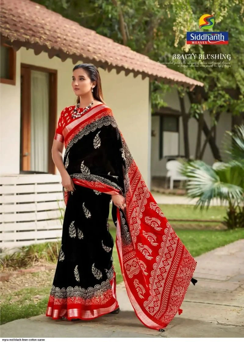 Siddharth Red And Black Linen Printed Saree Collection 7
