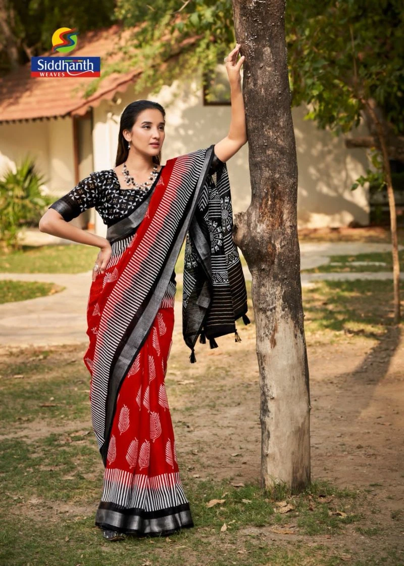 Siddharth Red And Black Linen Printed Saree Collection 8
