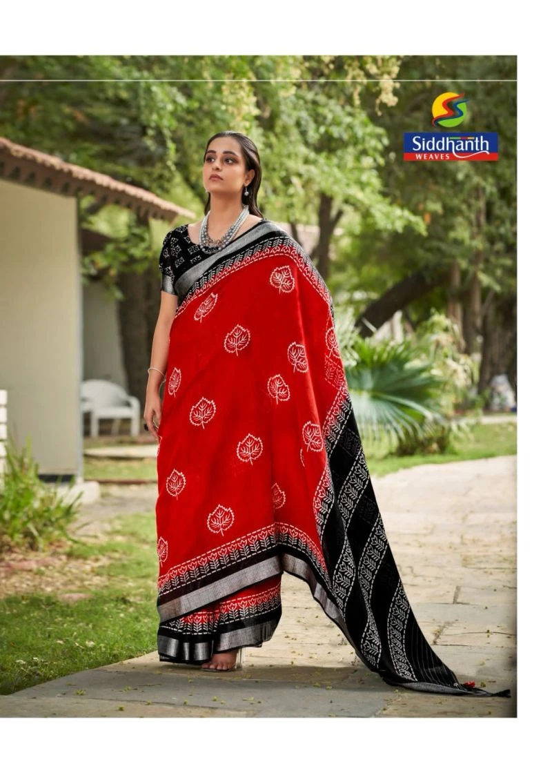 Siddharth Red And Black Linen Printed Saree Collection 9