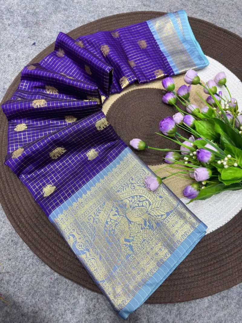 St D No 193 Dola Silk Beautiful Checks With Zari Border Saree 7
