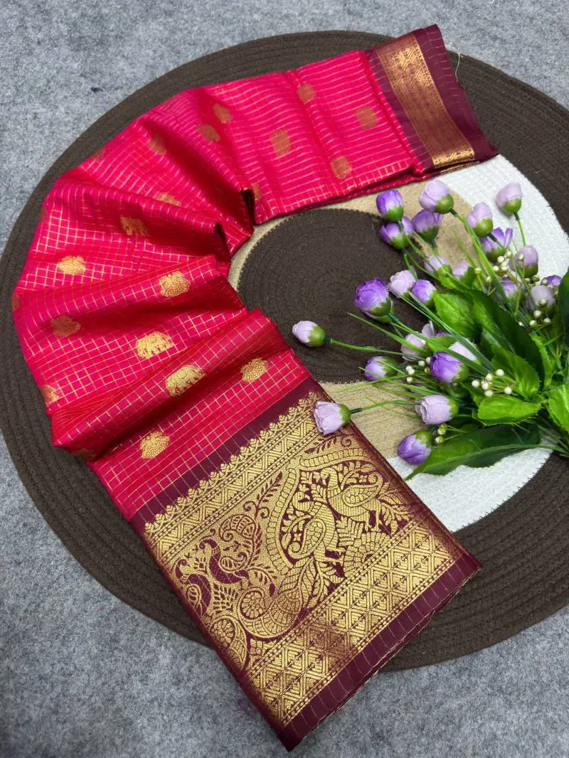 St D No 193 Dola Silk Beautiful Checks With Zari Border Saree 9