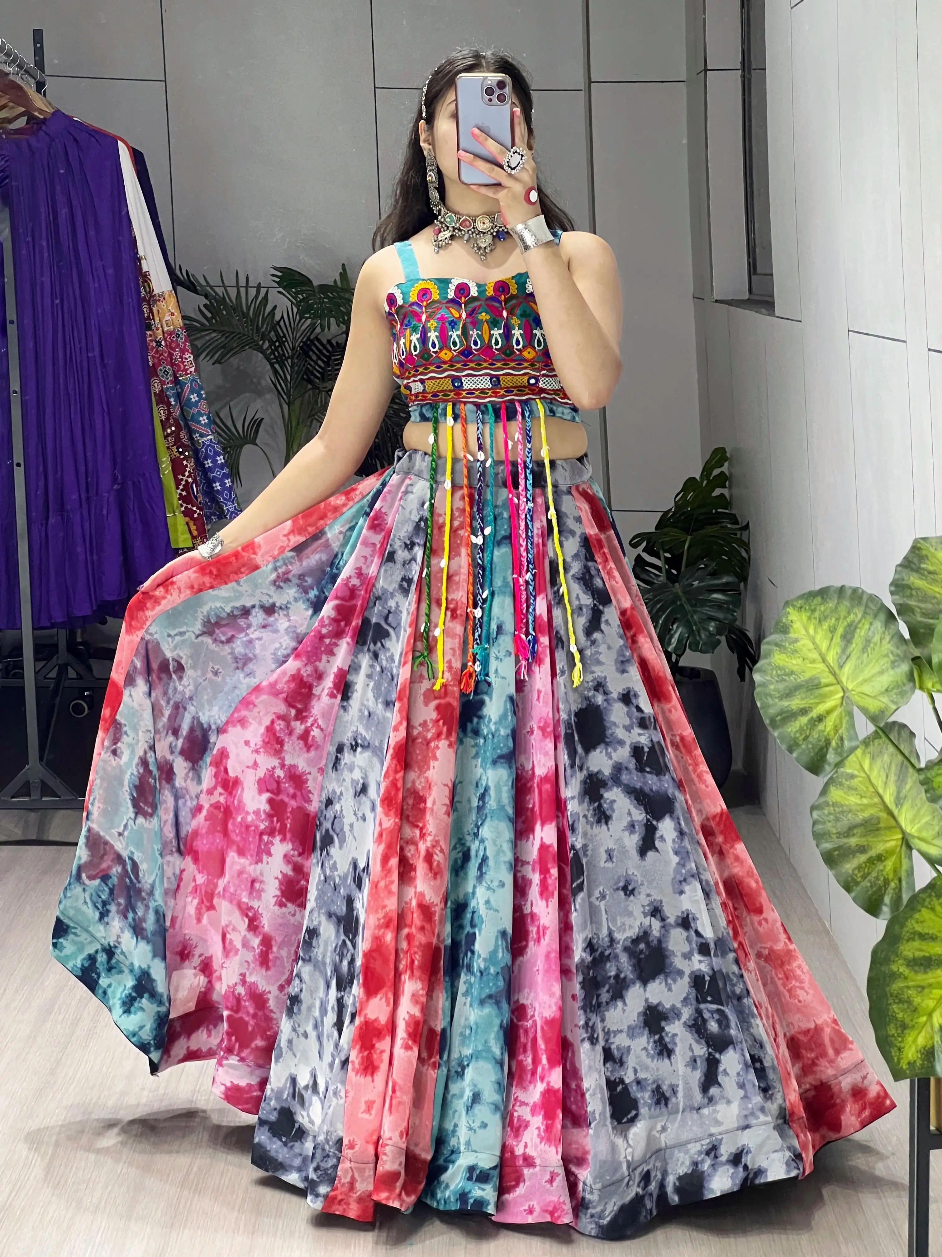 Traditional Shibori Print Faux Georgette Lehenga Choli With Gamthi Work 2