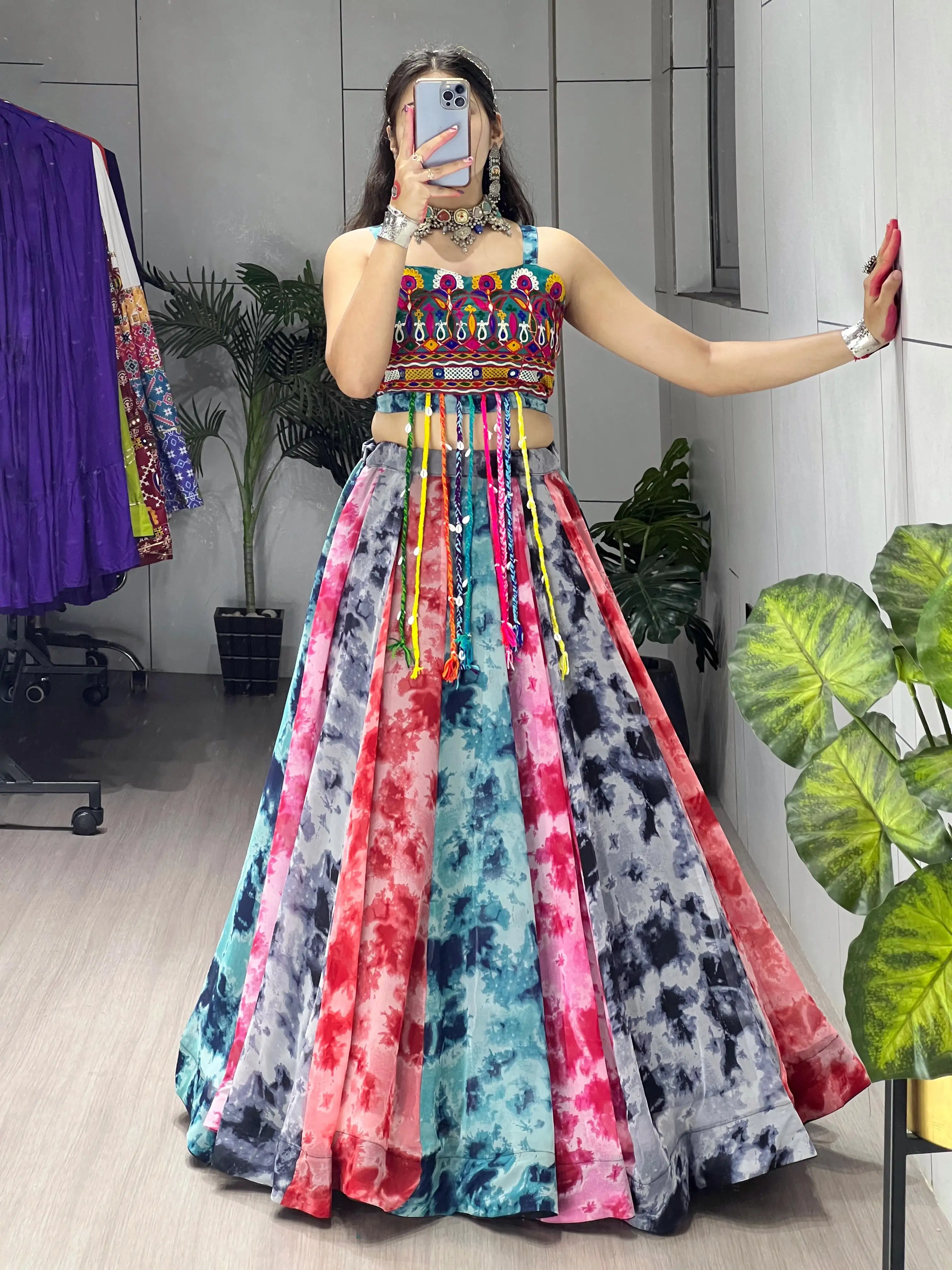 Traditional Shibori Print Faux Georgette Lehenga Choli With Gamthi Work 3