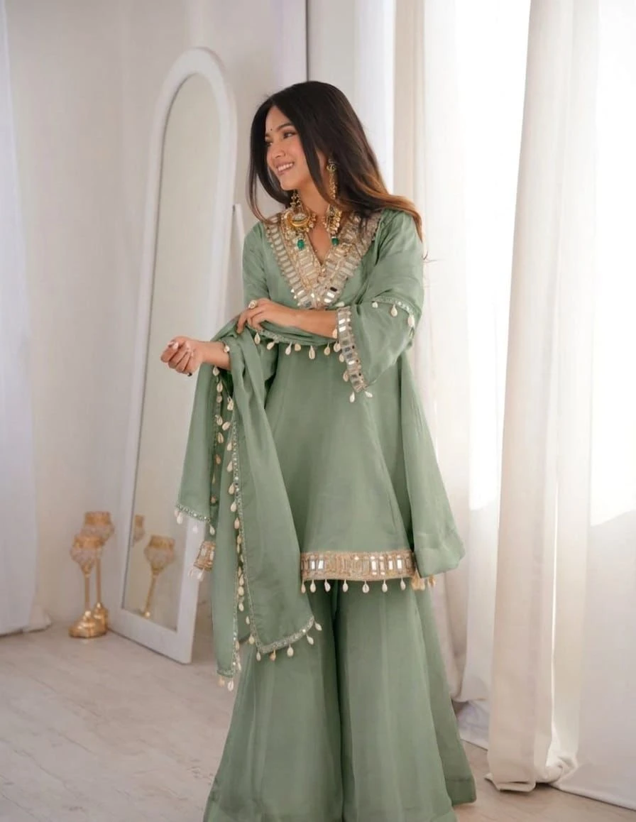Vinayak Real Mirror Work Palazzo Set With Kodi Fancy Lace 10