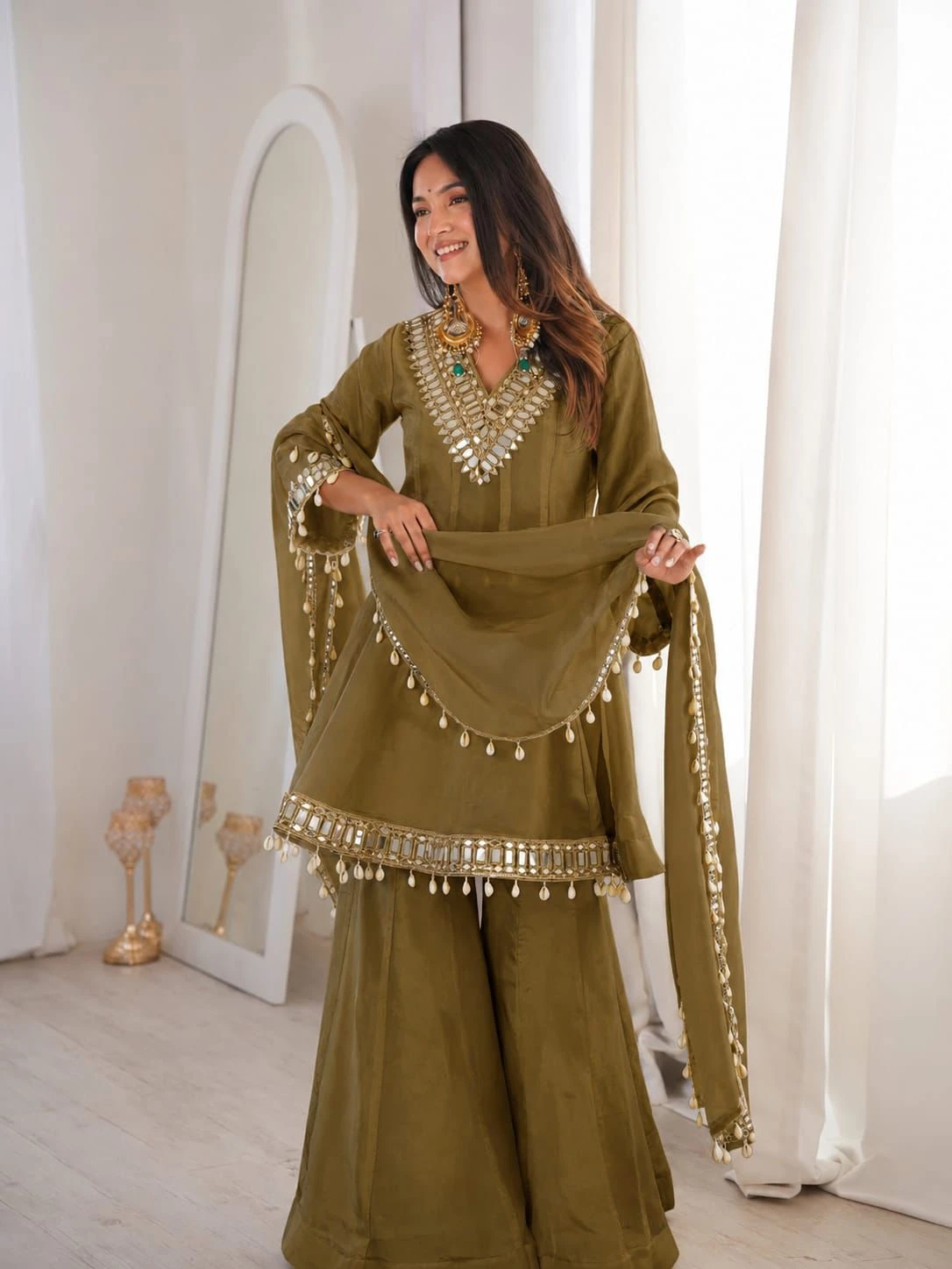 Vinayak Real Mirror Work Palazzo Set With Kodi Fancy Lace 11