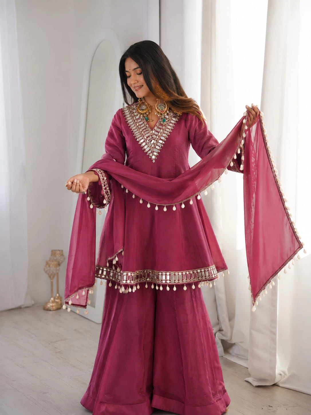 Vinayak Real Mirror Work Palazzo Set With Kodi Fancy Lace 12