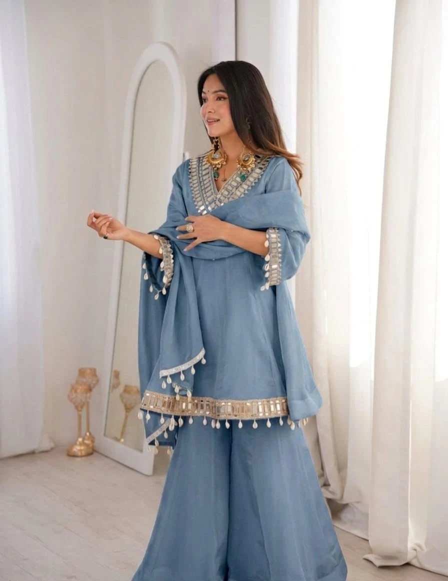 Vinayak Real Mirror Work Palazzo Set With Kodi Fancy Lace 15