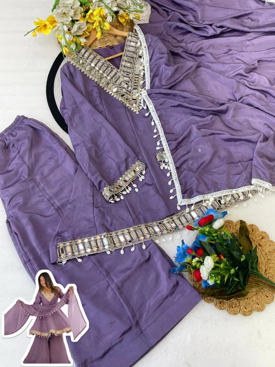 Vinayak Real Mirror Work Palazzo Set With Kodi Fancy Lace 3