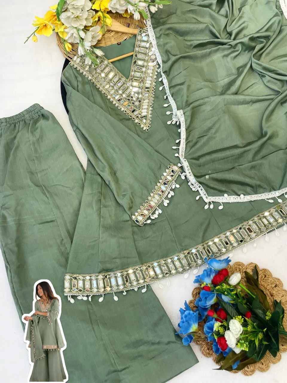Vinayak Real Mirror Work Palazzo Set With Kodi Fancy Lace 4