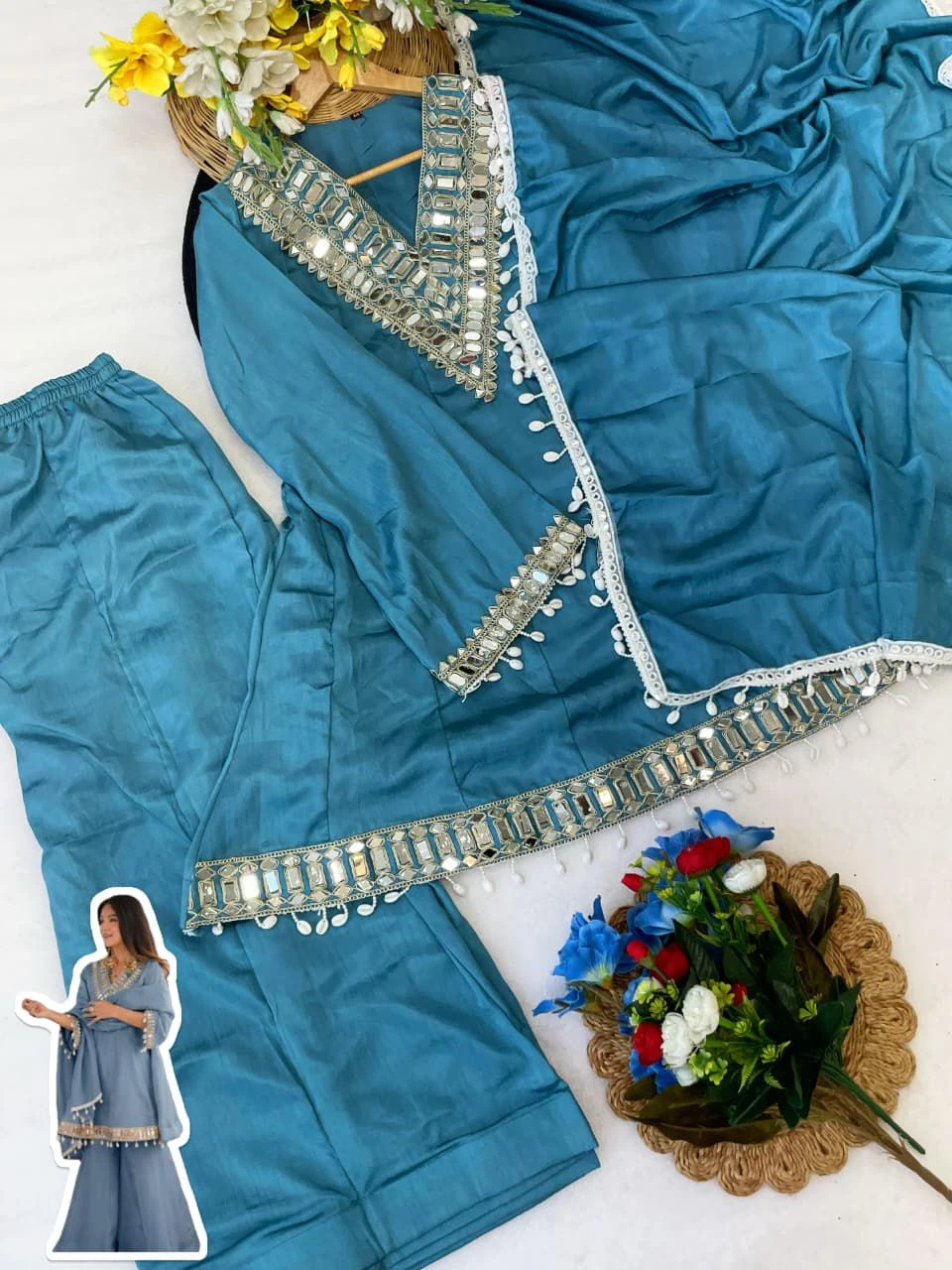 Vinayak Real Mirror Work Palazzo Set With Kodi Fancy Lace 5