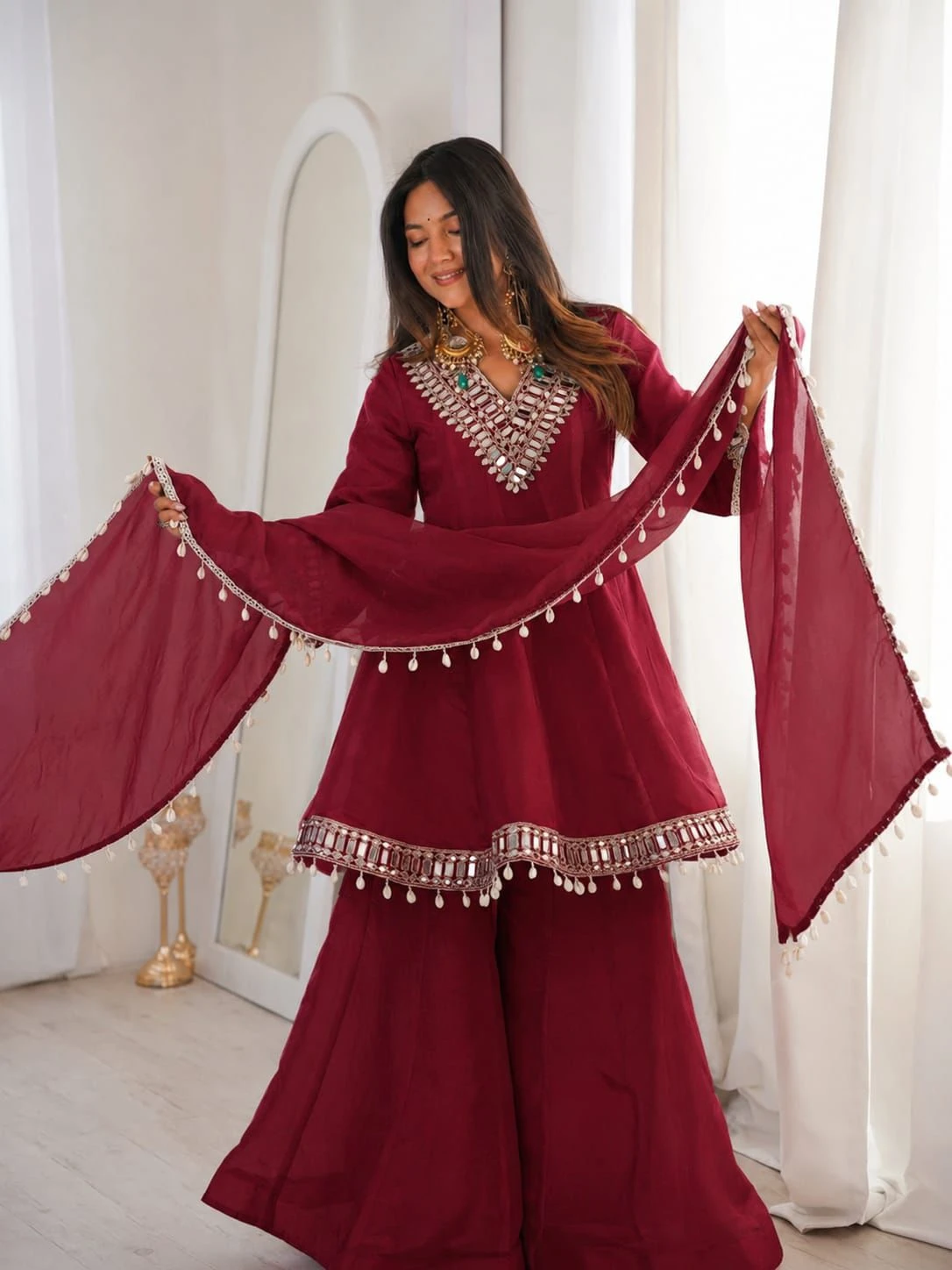 Vinayak Real Mirror Work Palazzo Set With Kodi Fancy Lace 9