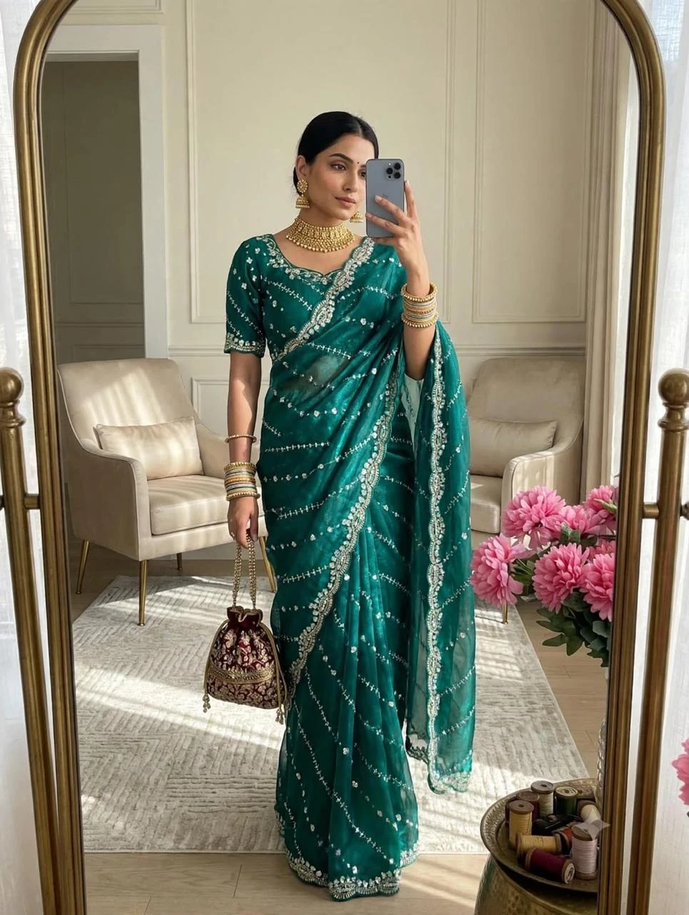 Vinayak Soft Fandy Satin  Saree With Heavy Sequin Beads Embroidery 6