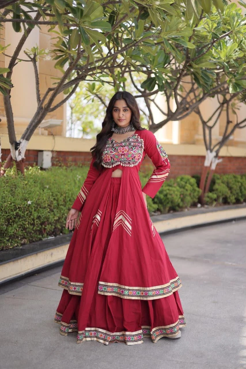 Vinayak Wholesale Cora Cotton Lehenga Choli With Heart Thread Embroidery And Gamti Mirror Work 7