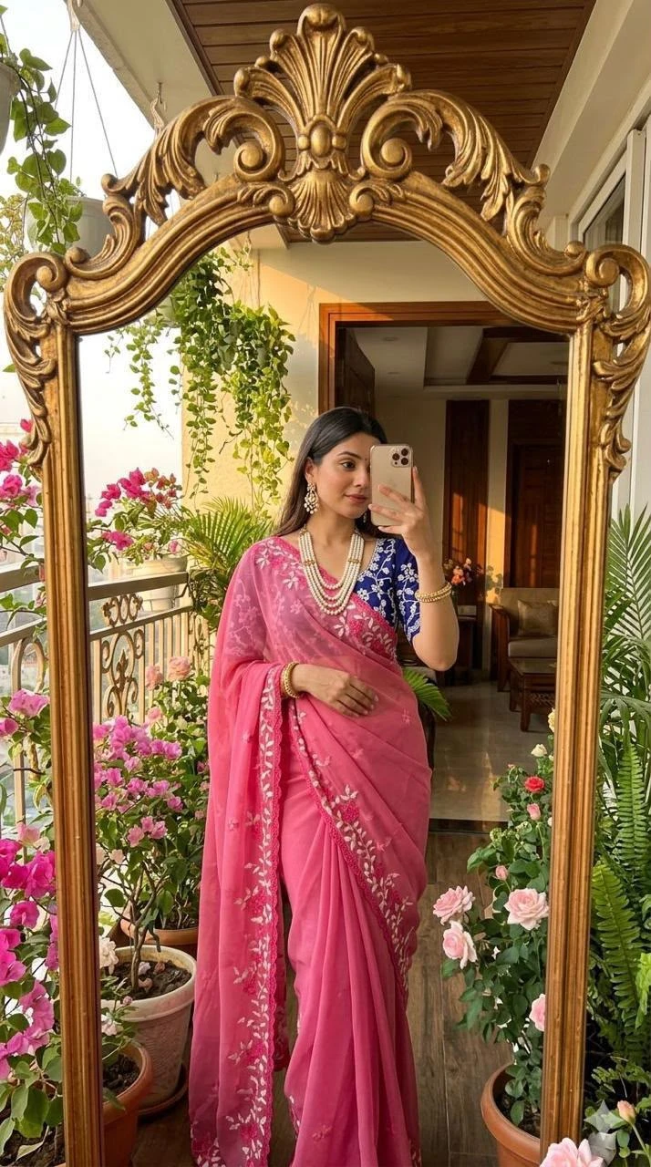 Vinayak Wholesale Georgette Floral Design Embroidery Saree With Scalloped Cutwork Border 1