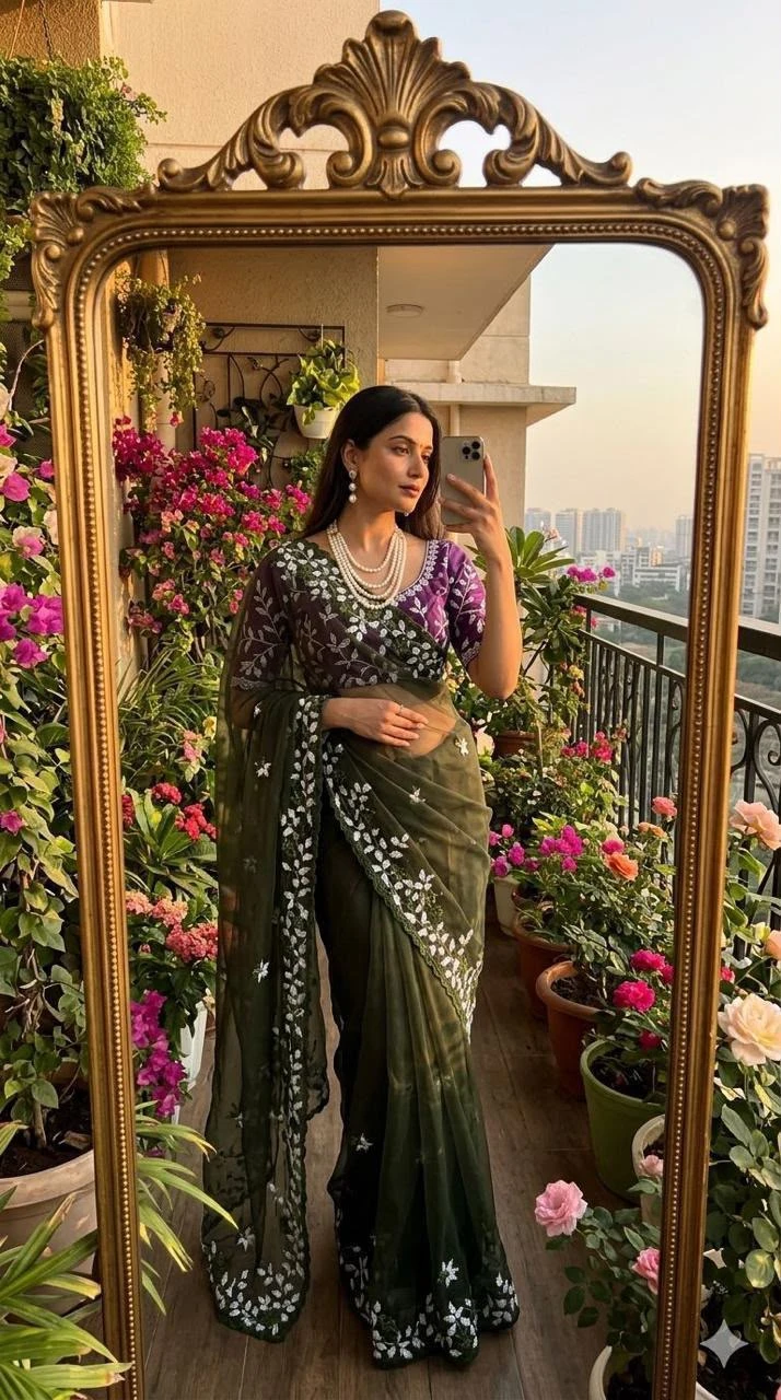 Vinayak Wholesale Georgette Floral Design Embroidery Saree With Scalloped Cutwork Border 2