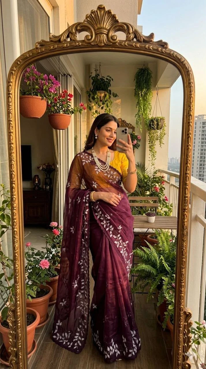 Vinayak Wholesale Georgette Floral Design Embroidery Saree With Scalloped Cutwork Border 3