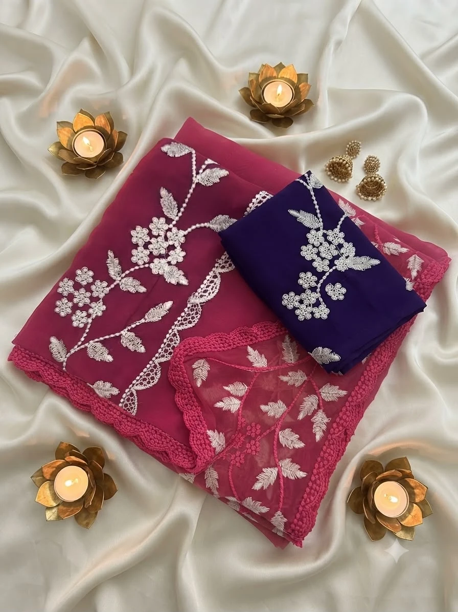Vinayak Wholesale Georgette Floral Design Embroidery Saree With Scalloped Cutwork Border 5