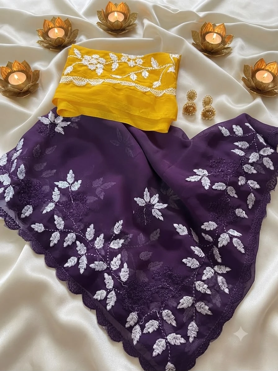 Vinayak Wholesale Georgette Floral Design Embroidery Saree With Scalloped Cutwork Border 6