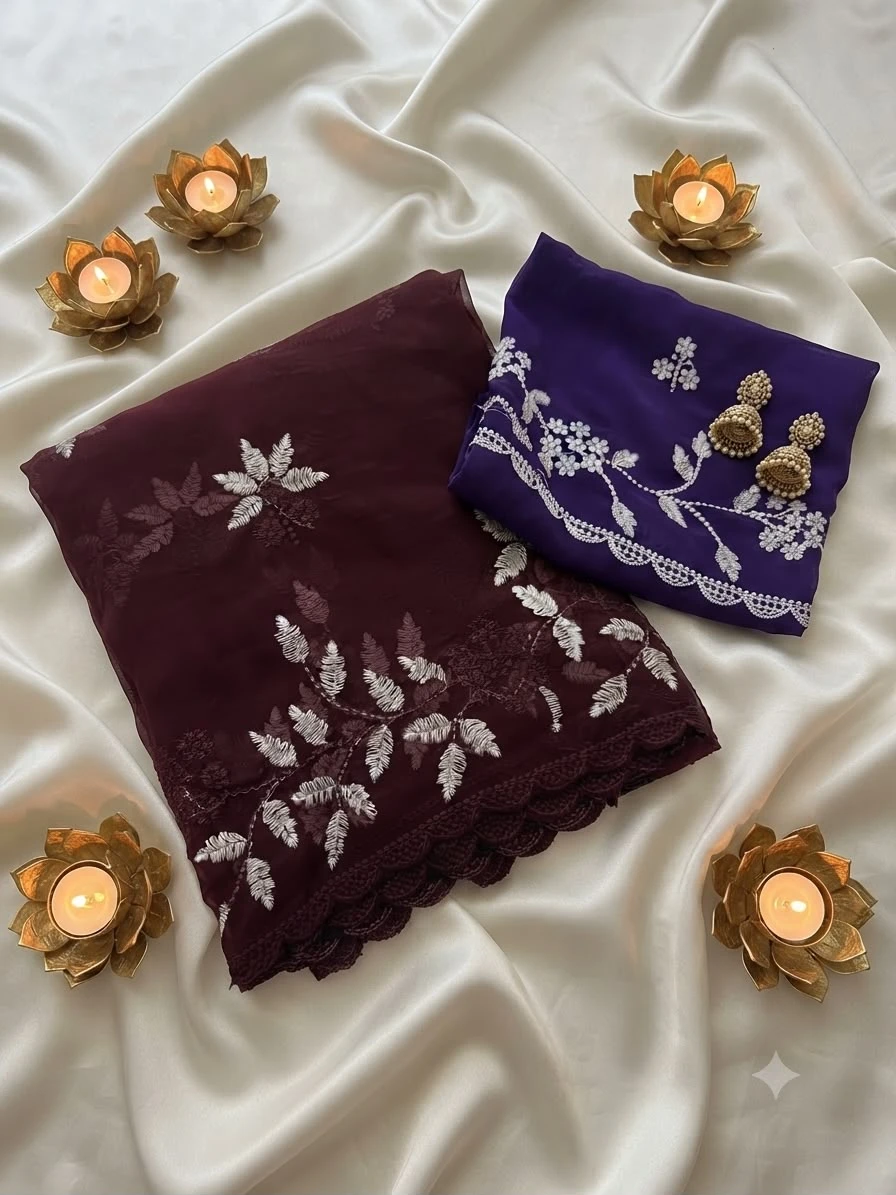 Vinayak Wholesale Georgette Floral Design Embroidery Saree With Scalloped Cutwork Border 7