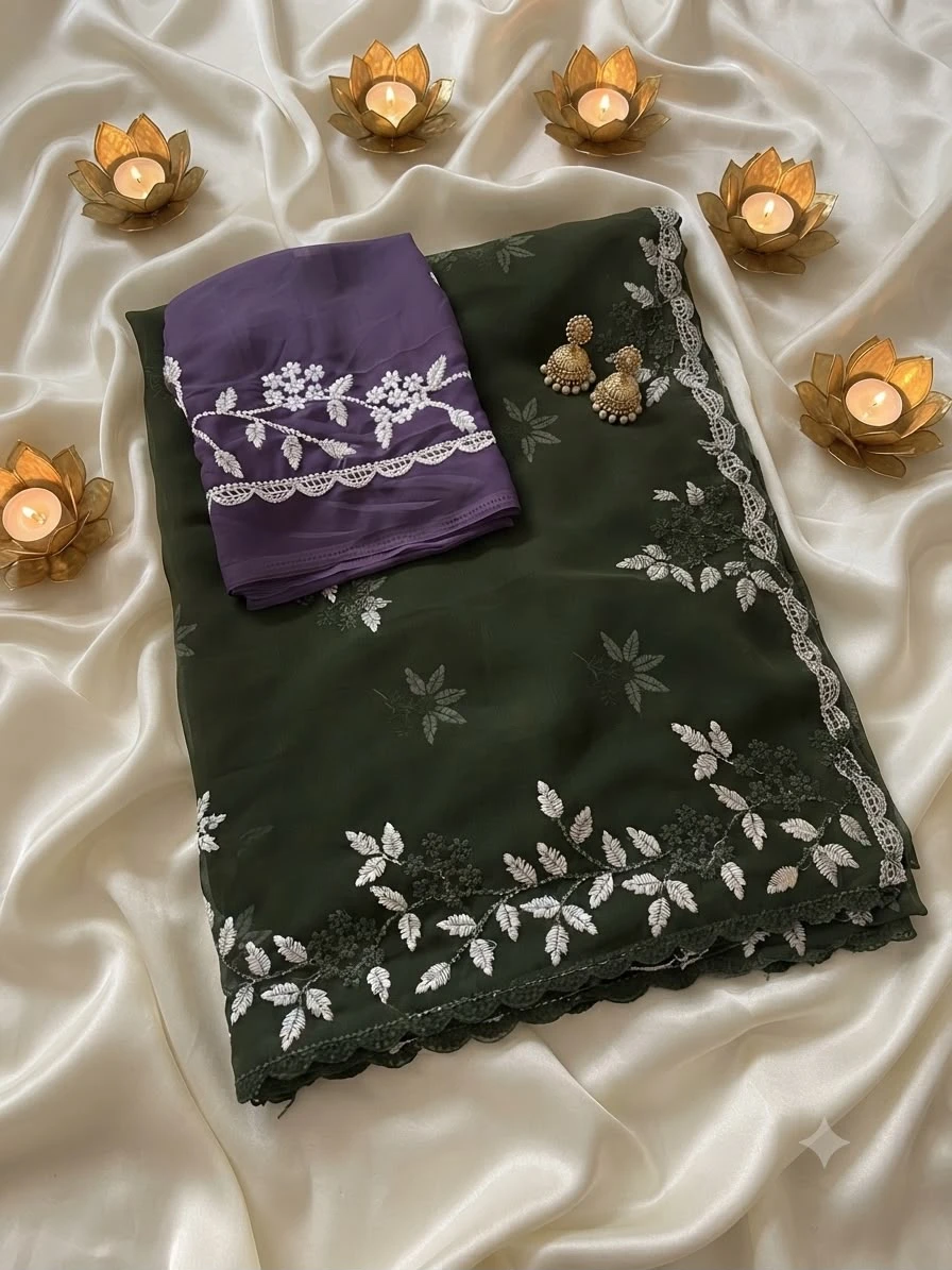 Vinayak Wholesale Georgette Floral Design Embroidery Saree With Scalloped Cutwork Border 8
