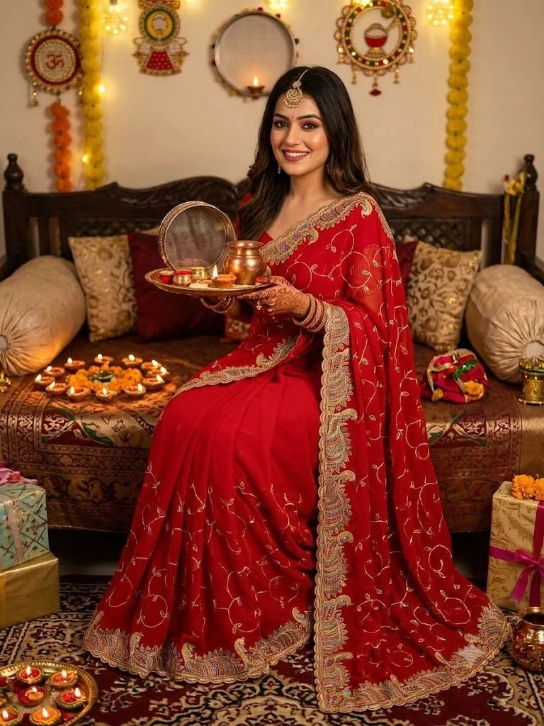 Vinayak Wholesale Karwa Chauth Special Premium Georgette Saree With Multi Thread And Sequin Embroidery