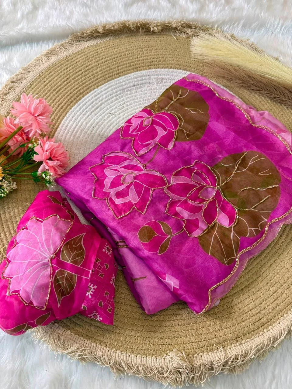 Vinayak Wholesale Premium Floral Pure Georgette Handwork Saree With Digital Print And Cutdana Border 10