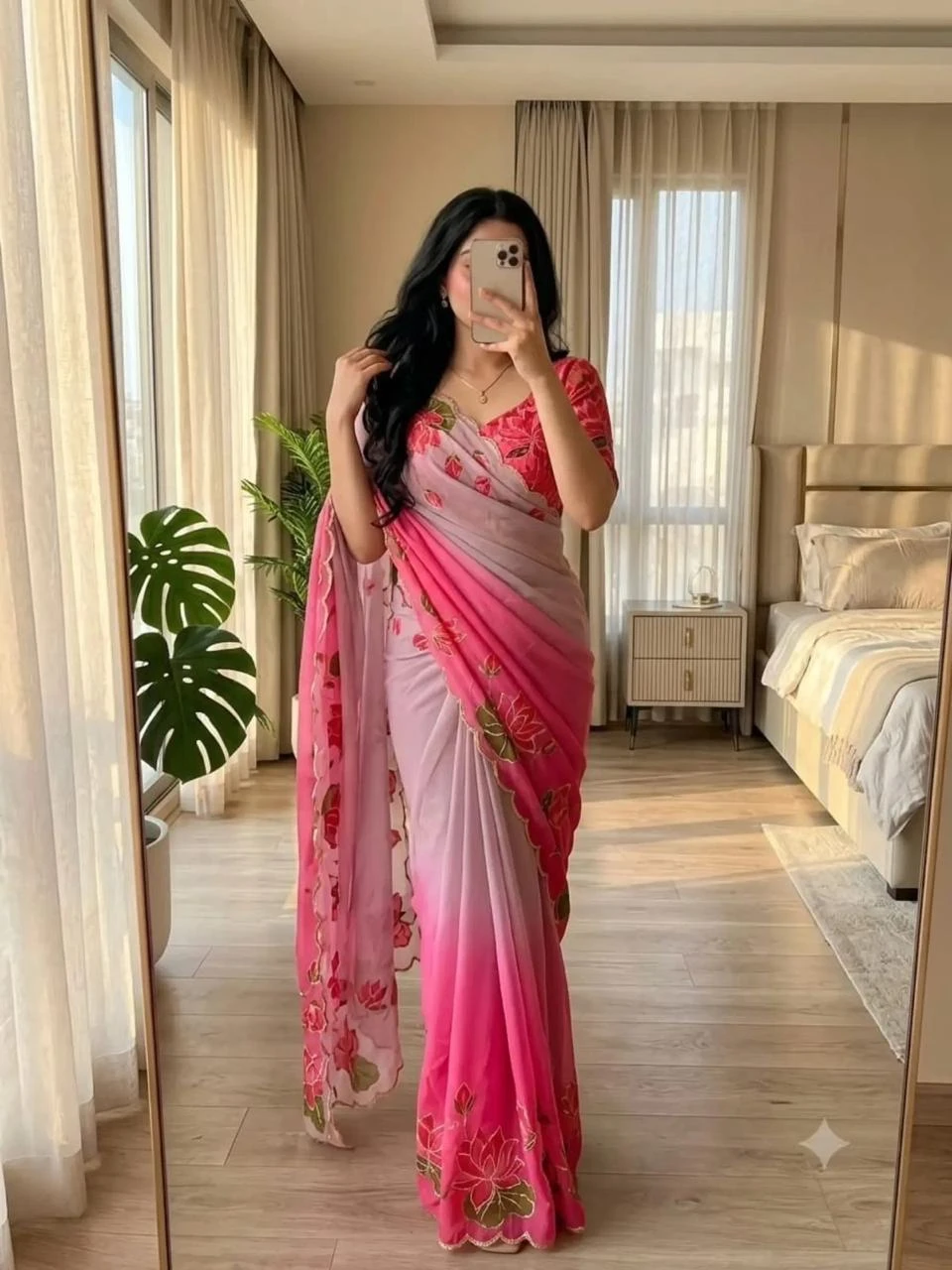 Vinayak Wholesale Premium Floral Pure Georgette Handwork Saree With Digital Print And Cutdana Border 2