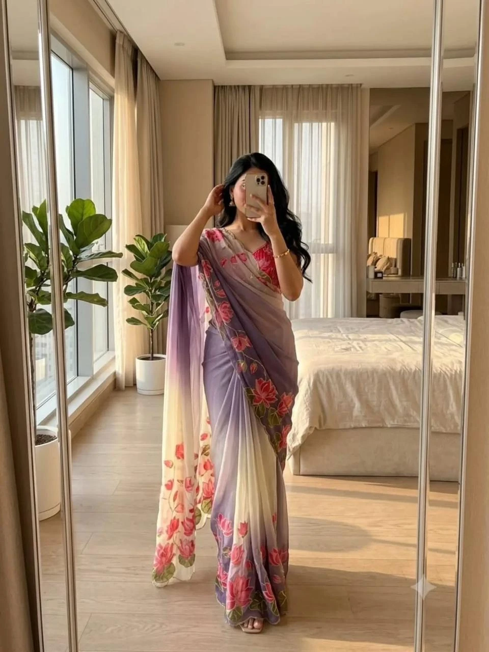 Vinayak Wholesale Premium Floral Pure Georgette Handwork Saree With Digital Print And Cutdana Border 3
