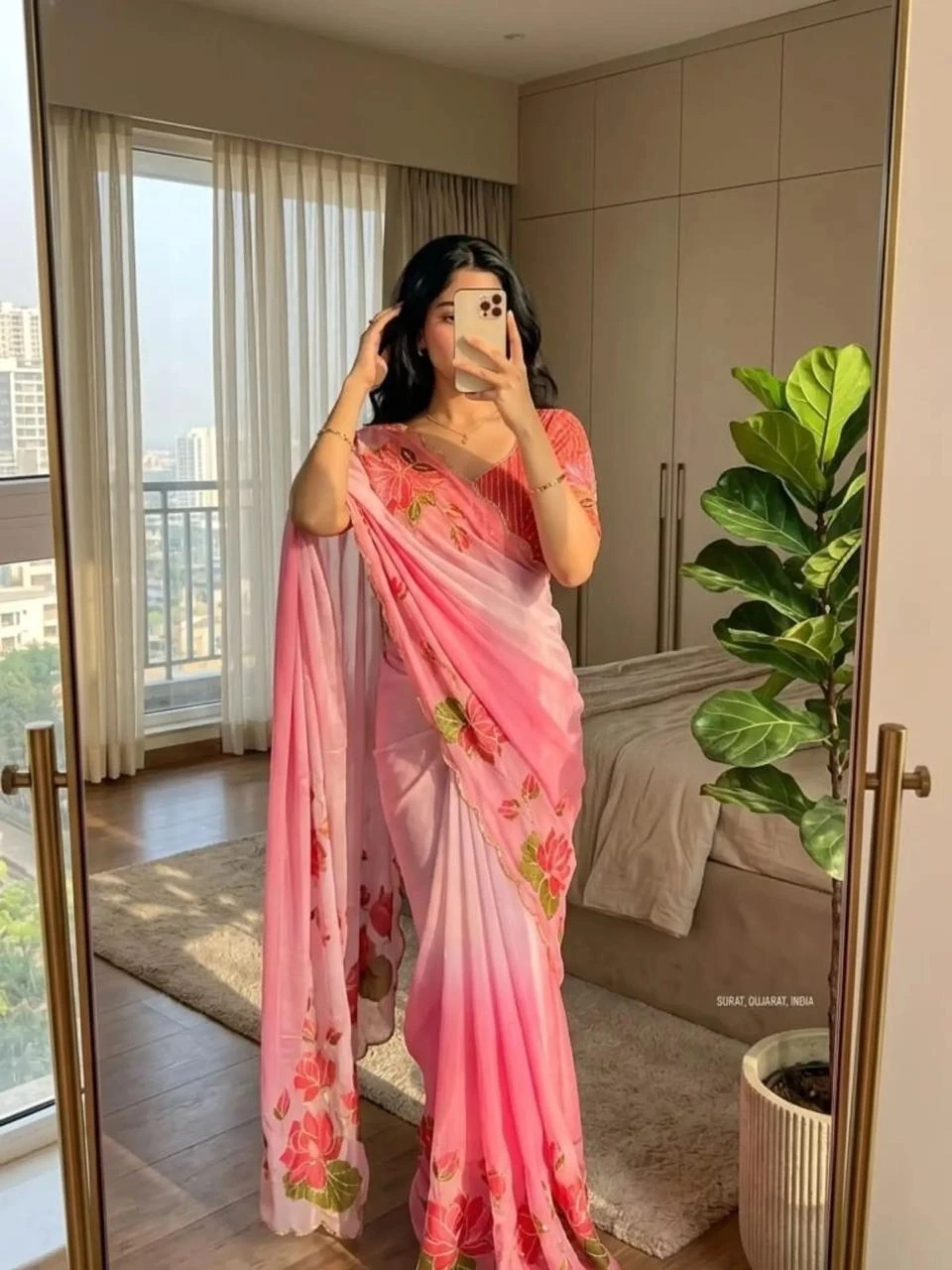 Vinayak Wholesale Premium Floral Pure Georgette Handwork Saree With Digital Print And Cutdana Border 4