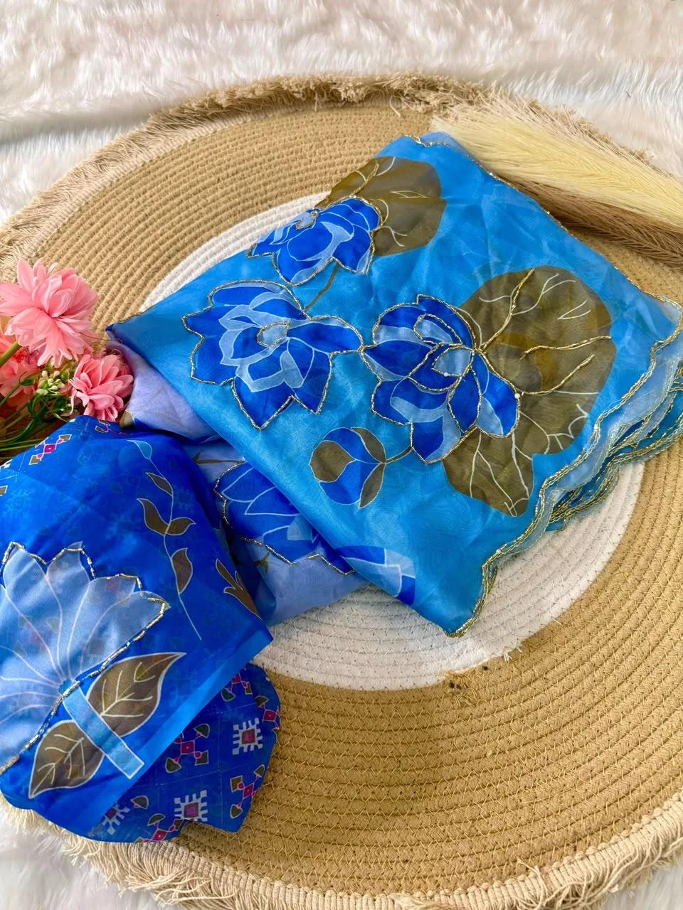 Vinayak Wholesale Premium Floral Pure Georgette Handwork Saree With Digital Print And Cutdana Border 5