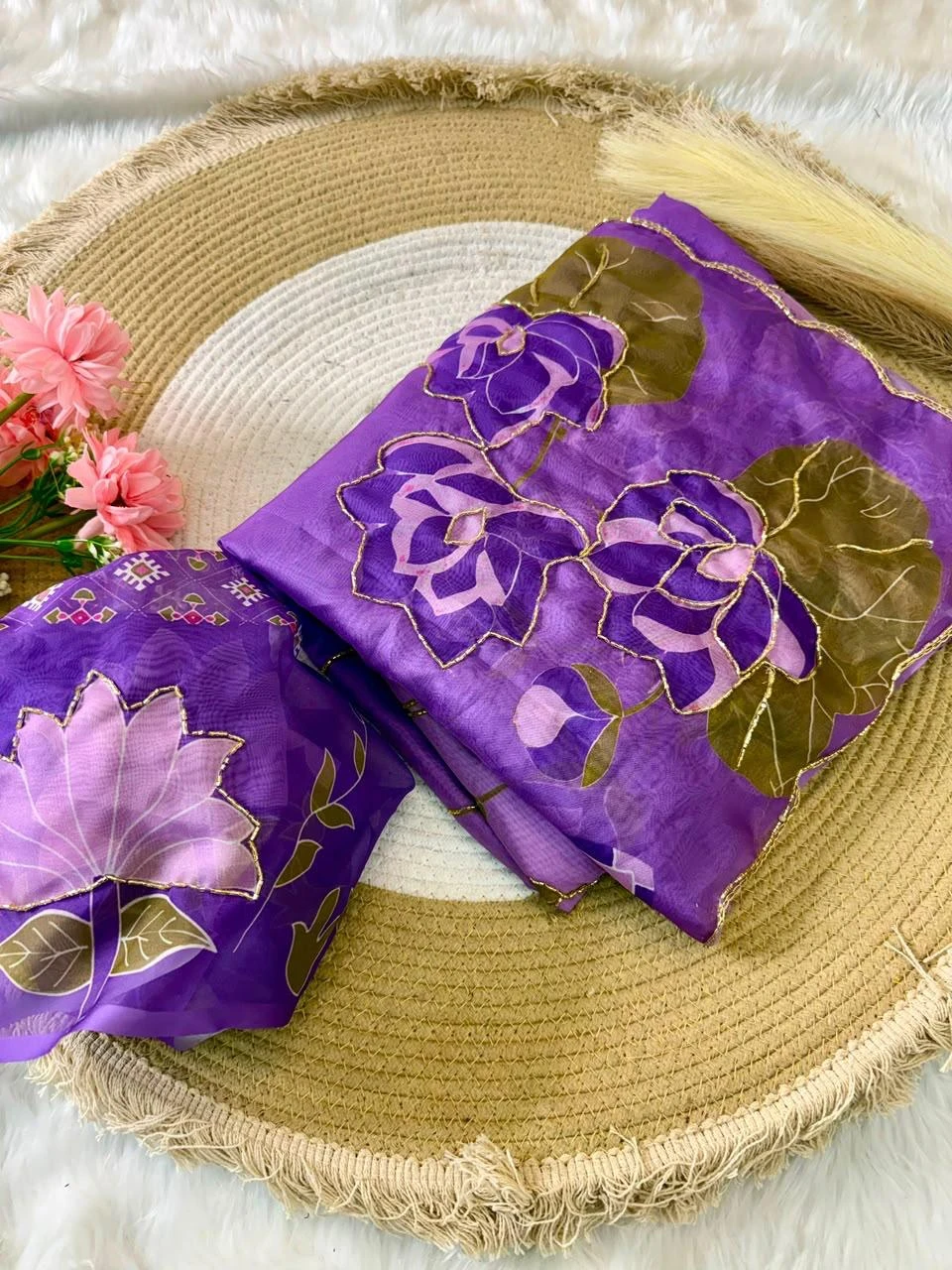 Vinayak Wholesale Premium Floral Pure Georgette Handwork Saree With Digital Print And Cutdana Border 8