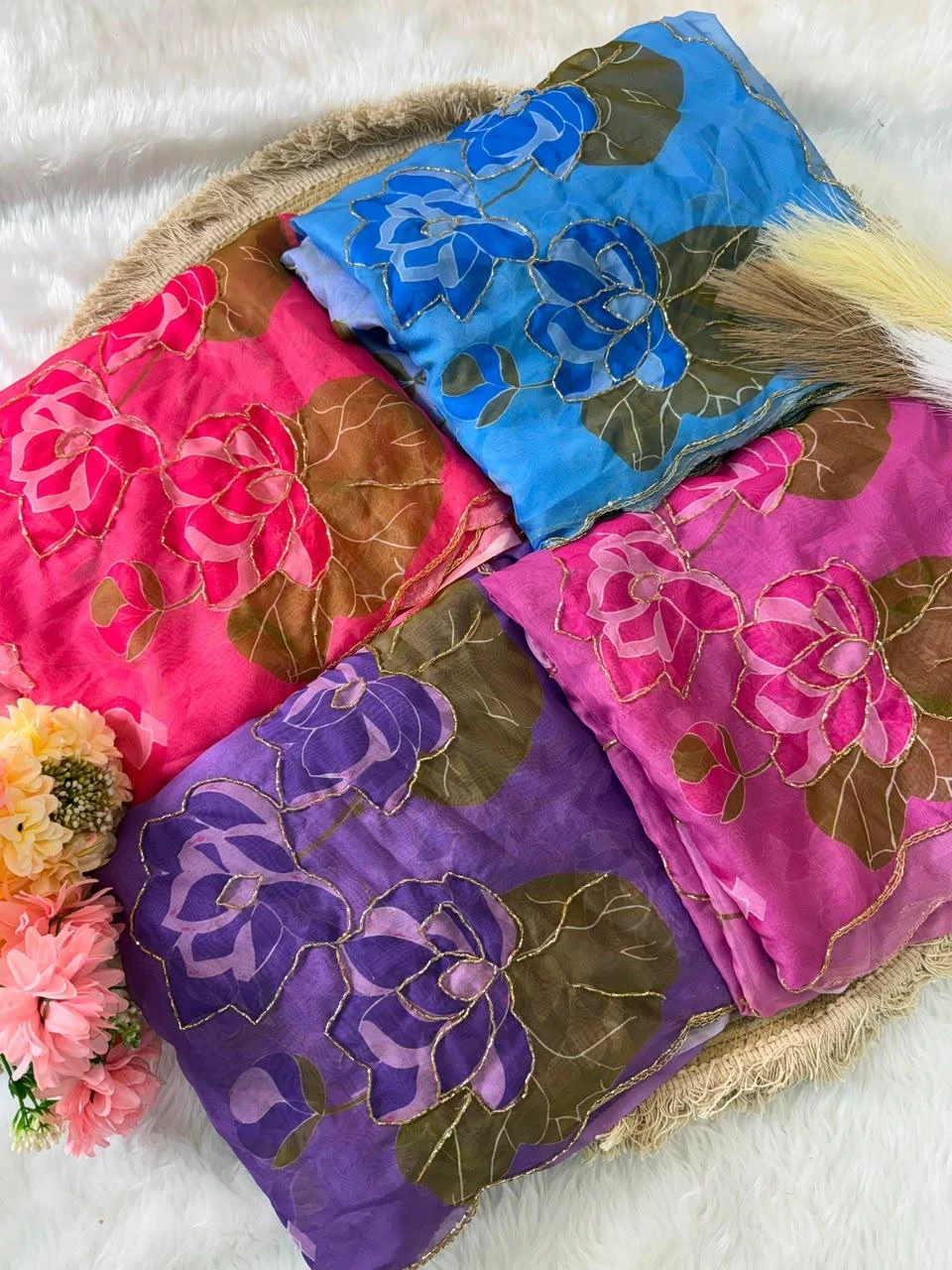 Vinayak Wholesale Premium Floral Pure Georgette Handwork Saree With Digital Print And Cutdana Border 9