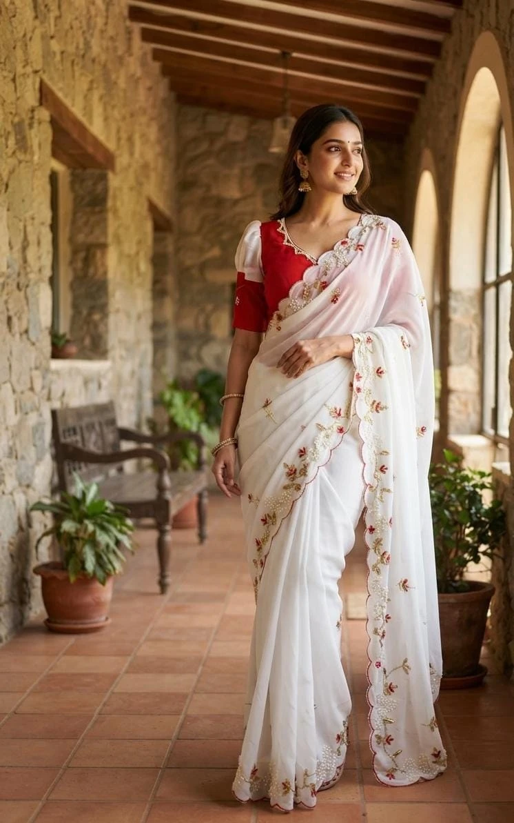 Vinayak Wholesale Premium Georgette Blooming Saree With Handwork Motifs And Cutdana Blouse