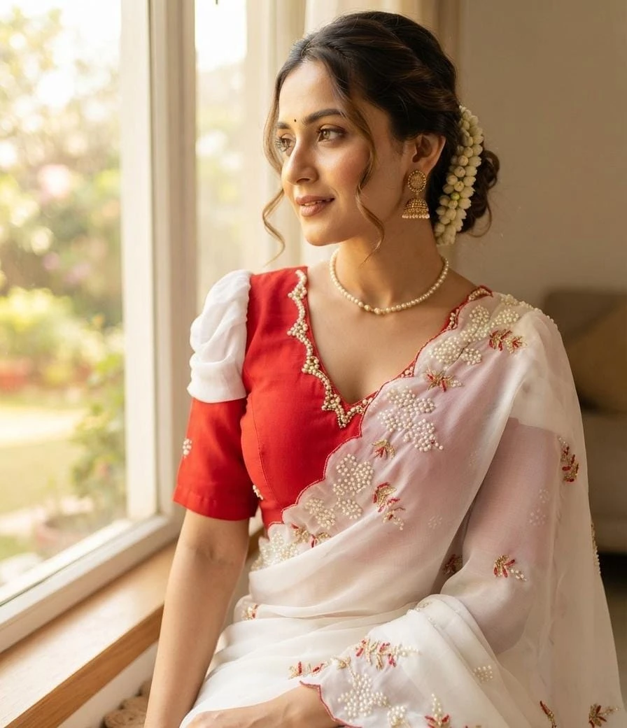 Vinayak Wholesale Premium Georgette Blooming Saree With Handwork Motifs And Cutdana Blouse 3