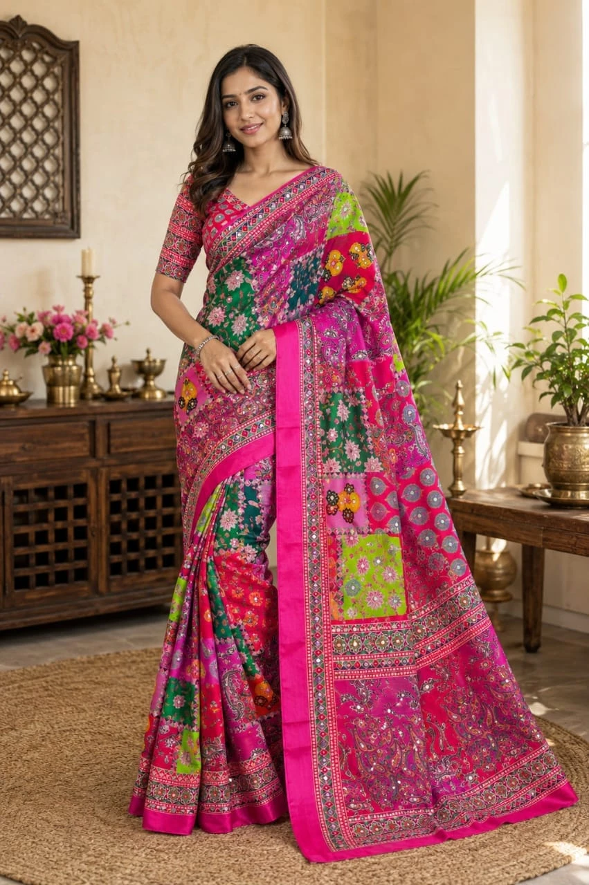 Vinayak Wholesale Premium Soft Chinnon Silk Digital Ajrakh Print Saree With Heavy Mirror Work