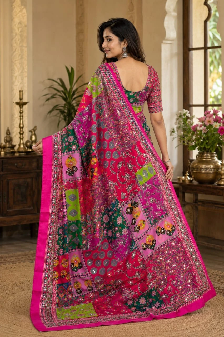 Vinayak Wholesale Premium Soft Chinnon Silk Digital Ajrakh Print Saree With Heavy Mirror Work 2