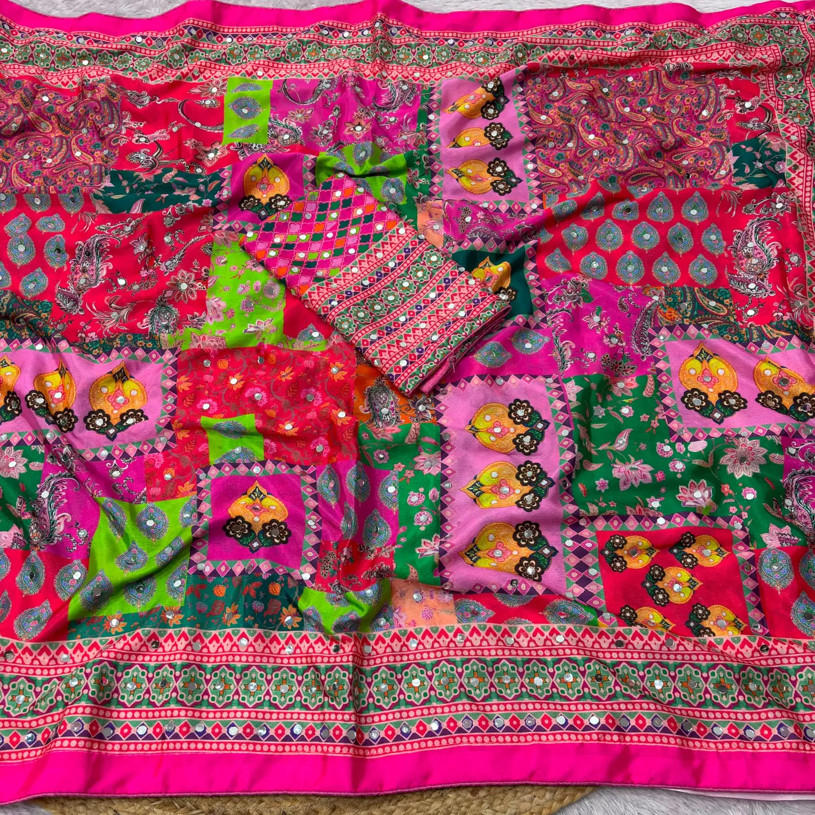 Vinayak Wholesale Premium Soft Chinnon Silk Digital Ajrakh Print Saree With Heavy Mirror Work 3