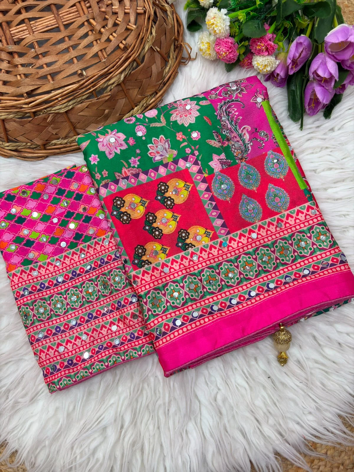 Vinayak Wholesale Premium Soft Chinnon Silk Digital Ajrakh Print Saree With Heavy Mirror Work 4