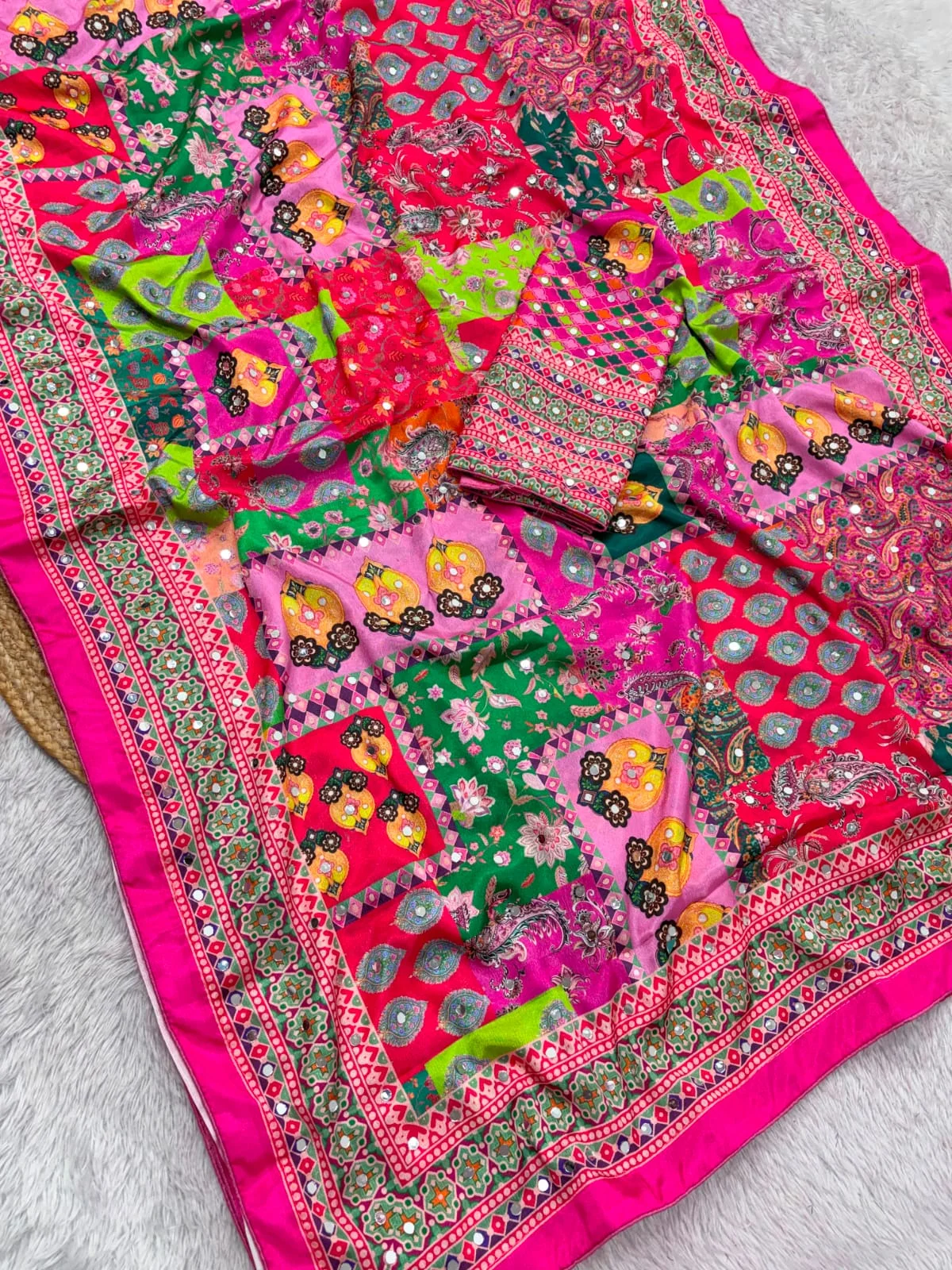 Vinayak Wholesale Premium Soft Chinnon Silk Digital Ajrakh Print Saree With Heavy Mirror Work 5