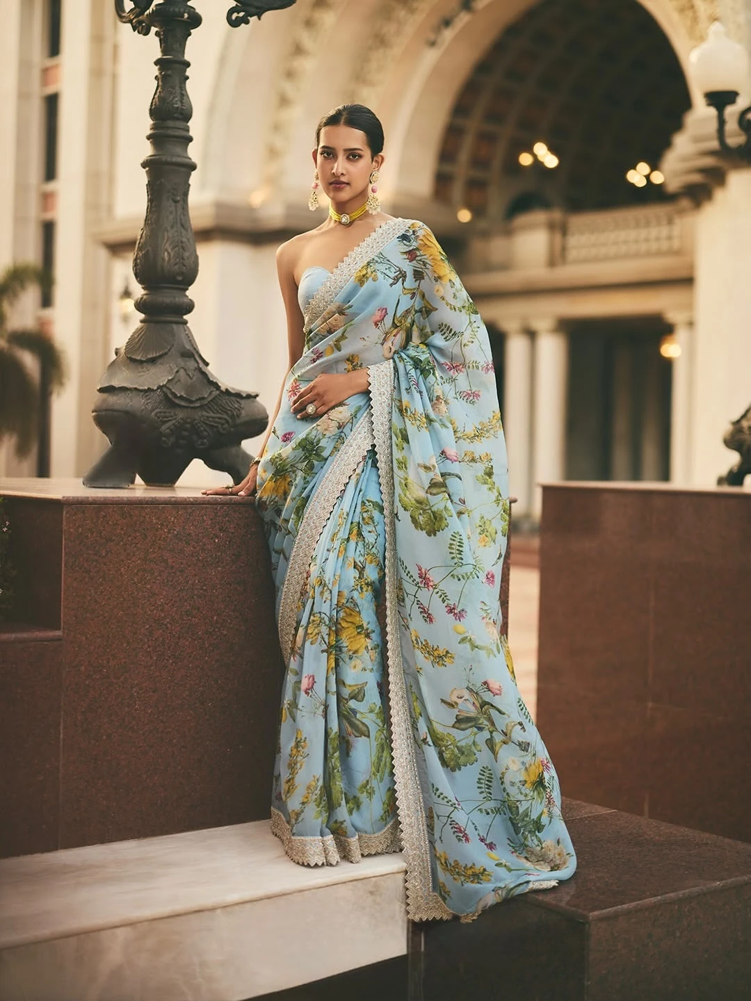 Vinayak Wholesale Pure Georgette Floral Print Saree With Zari Sequin Work And Arca Border 1