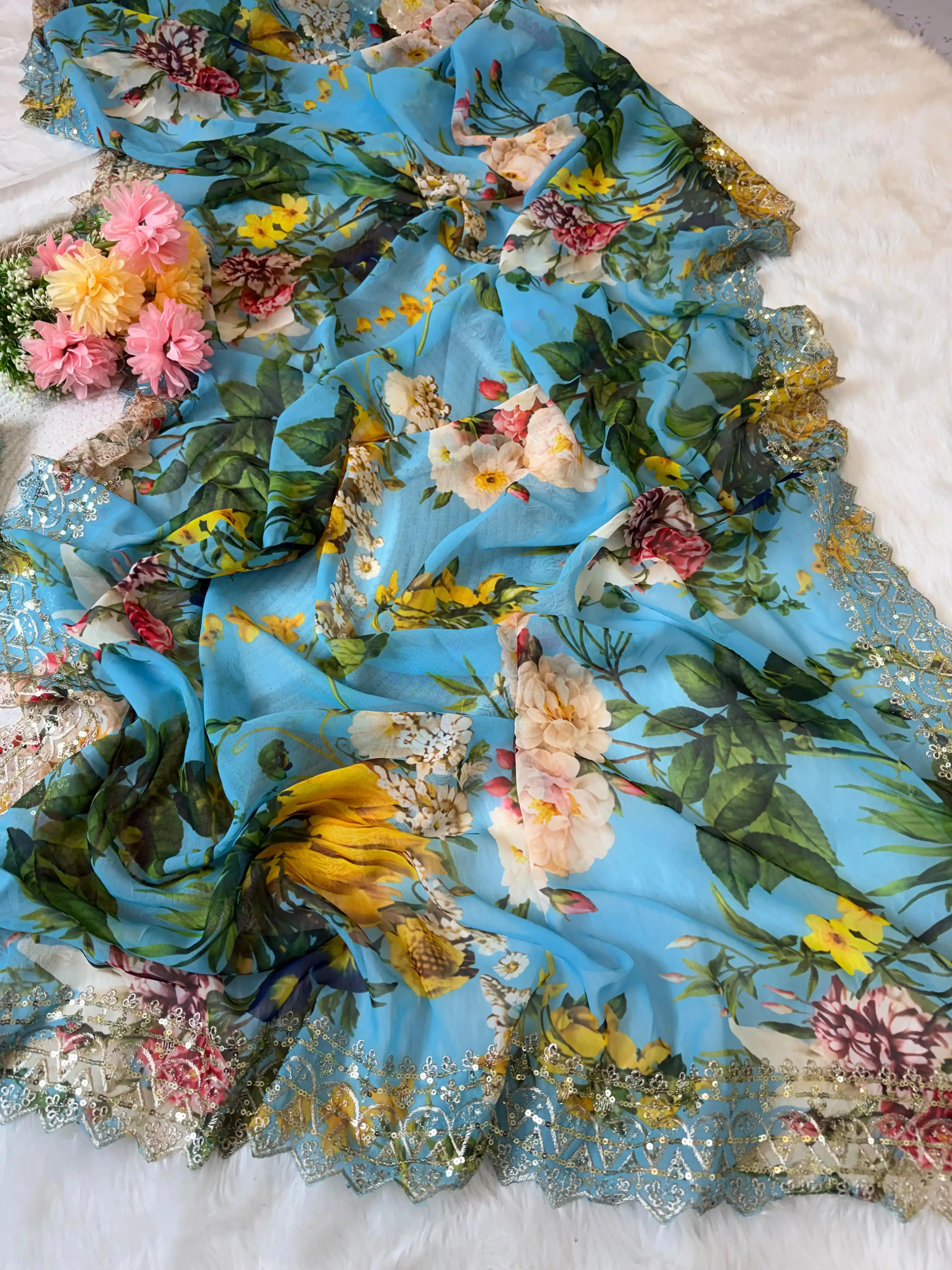 Vinayak Wholesale Pure Georgette Floral Print Saree With Zari Sequin Work And Arca Border 2