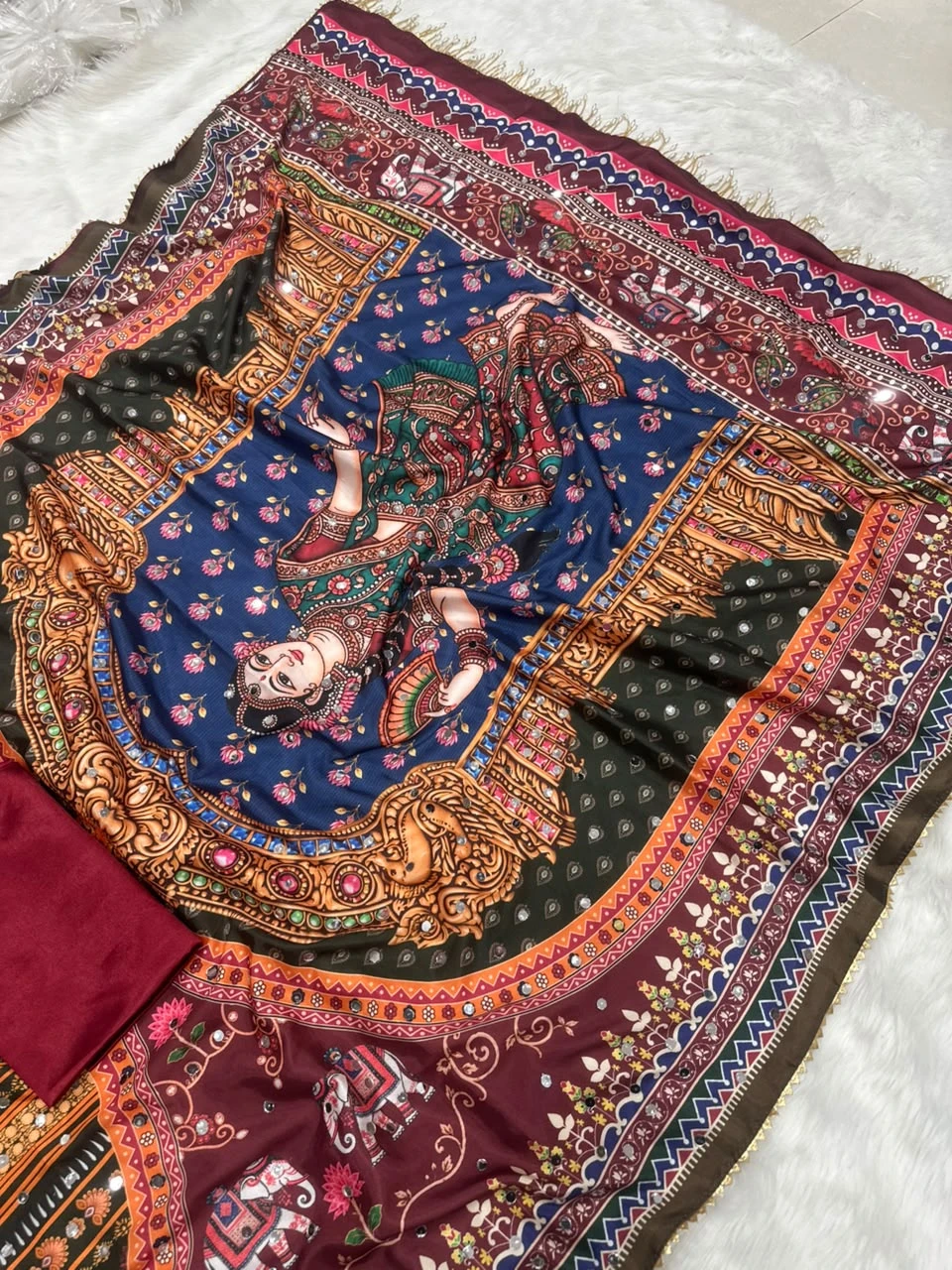 Vinayak Wholesale Rashmika Inspired Crepe Silk Digital Print Saree With Real Mirror Work 5