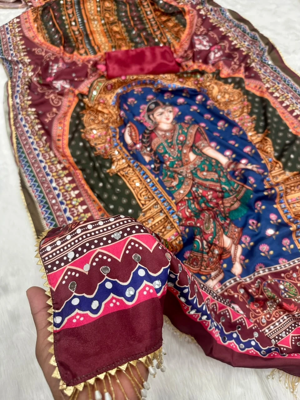 Vinayak Wholesale Rashmika Inspired Crepe Silk Digital Print Saree With Real Mirror Work 6