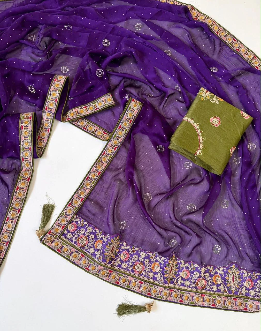 Vinayak Wholesale Satin Chiffon Saree With Multi Coding Embroidery And Diamond Work 10