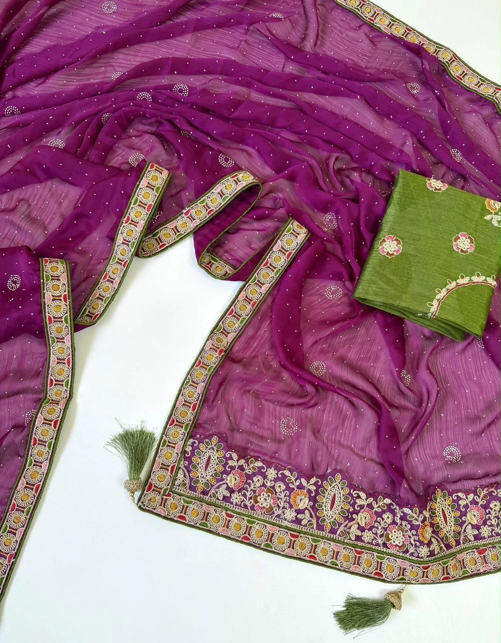 Vinayak Wholesale Satin Chiffon Saree With Multi Coding Embroidery And Diamond Work 7